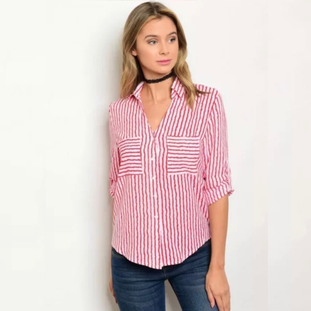 FASHION LINE red & white top with front pockets